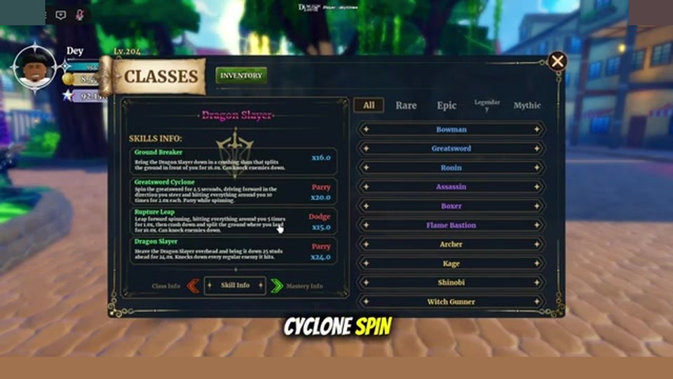 Classes menu Dragon Slayer card in Dungeon Lootr