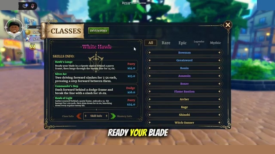 Classes menu White Hawk card in Dungeon Lootr