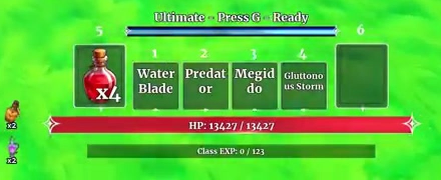 Devourer hotbar with Water Blade, Predator, Megiddo and Gluttonous Storm under an Ultimate Press G Ready bar