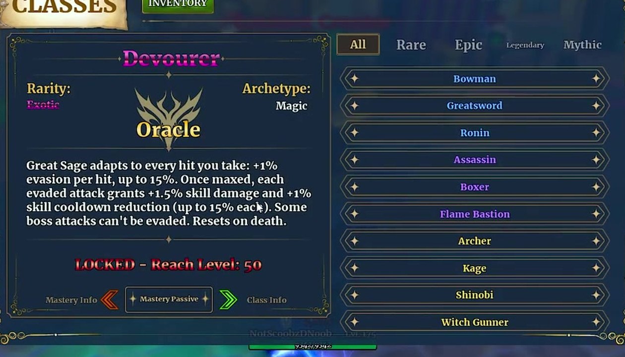 Devourer class page with Rarity Exotic, Archetype Magic and its mastery passive, locked until level 50