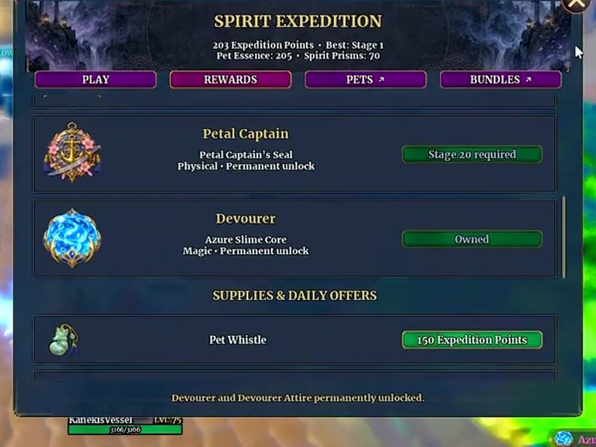 Rewards tab showing Devourer as Owned and the message Devourer and Devourer Attire permanently unlocked