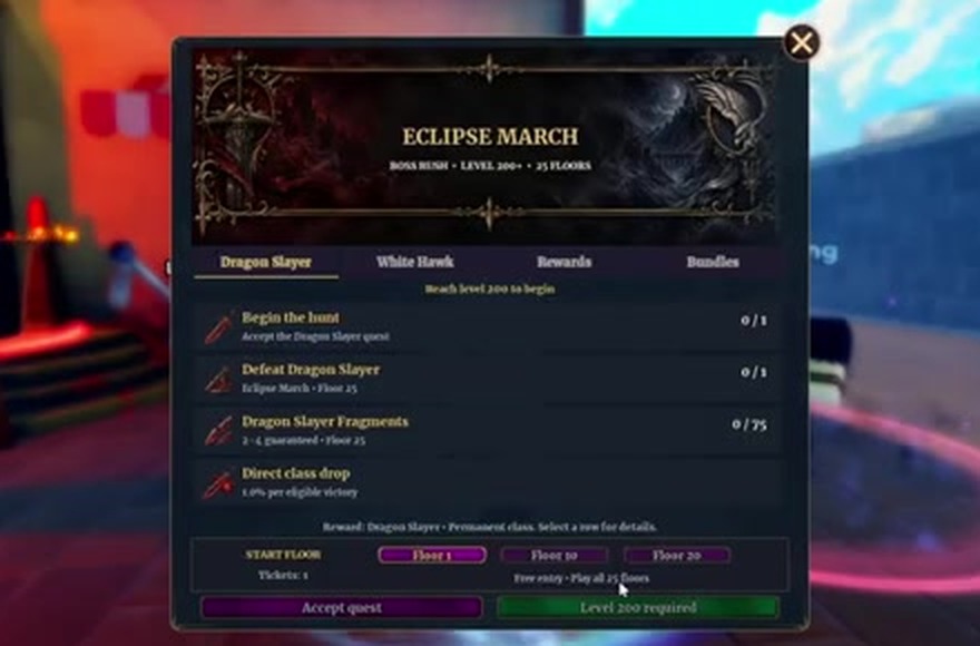 Dungeon Lootr Eclipse March panel: Boss Rush, Level 200+, 25 floors, Dragon Slayer tab with Reward: Dragon Slayer, permanent class