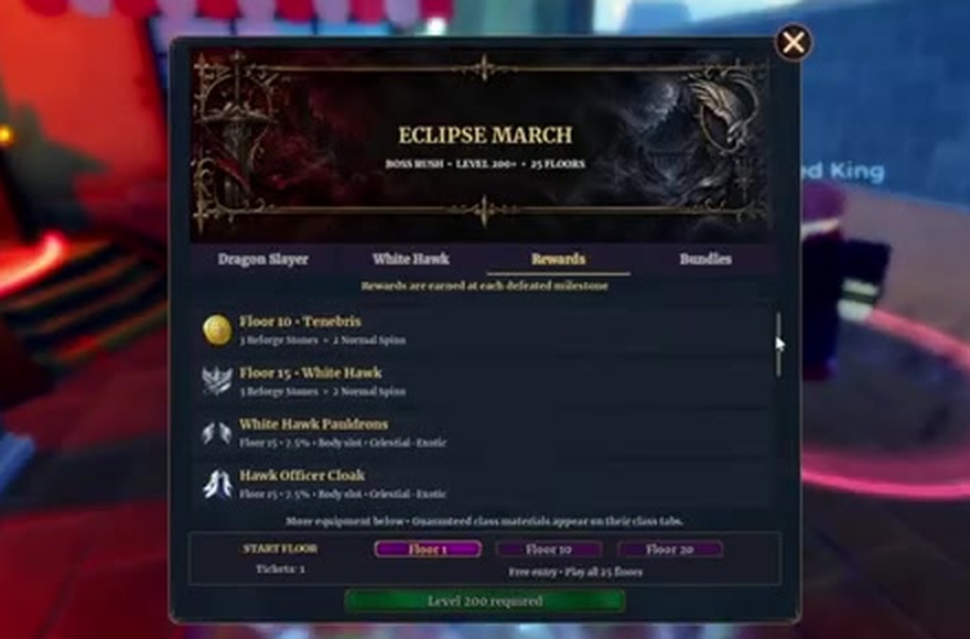 Dungeon Lootr Eclipse March Rewards tab: floor 10 Tenebris and floor 15 White Hawk milestones, gear drop chances and Exotic materials