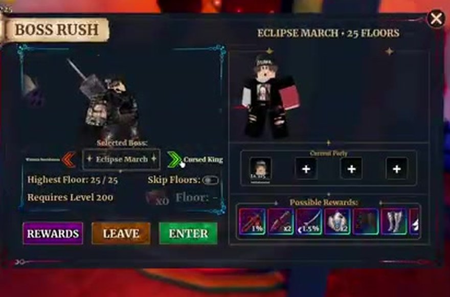 Dungeon Lootr Boss Rush panel with Eclipse March as the selected boss: Eclipse March · 25 Floors, Highest Floor 25/25, Requires Level 200