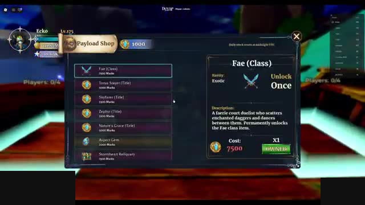 Dungeon Lootr Payload Shop with Fae (Class) selected, showing Exotic rarity, Unlock Once, and a cost of 7500 Marks