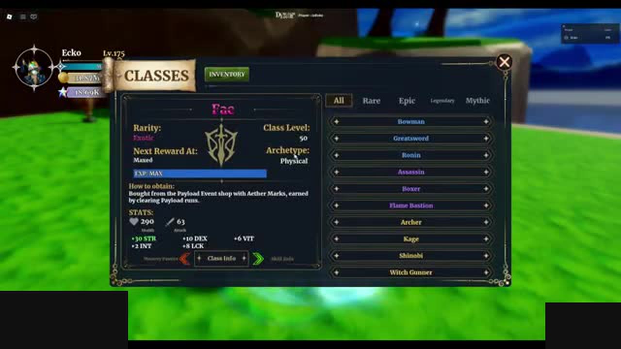 Dungeon Lootr Classes panel for Fae: Exotic rarity, Physical archetype, and how to obtain, bought from the Payload Event shop with Aether Marks earned by clearing Payload runs