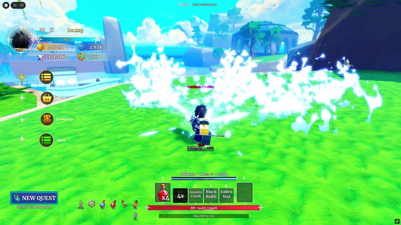 Fallen Magi casting a large white-blue burst across a field, Ice Shock on cooldown in the hotbar