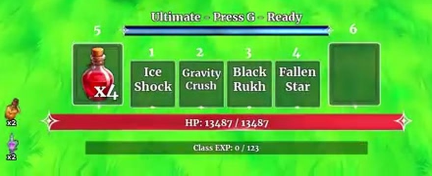 Fallen Magi hotbar with Ice Shock, Gravity Crush, Black Rukh and Fallen Star under an Ultimate Press G Ready bar