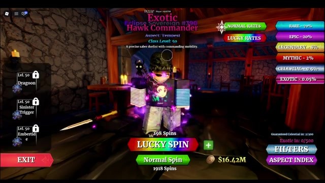 Exotic Hawk Commander on the Lucky Spin screen in Dungeon Lootr