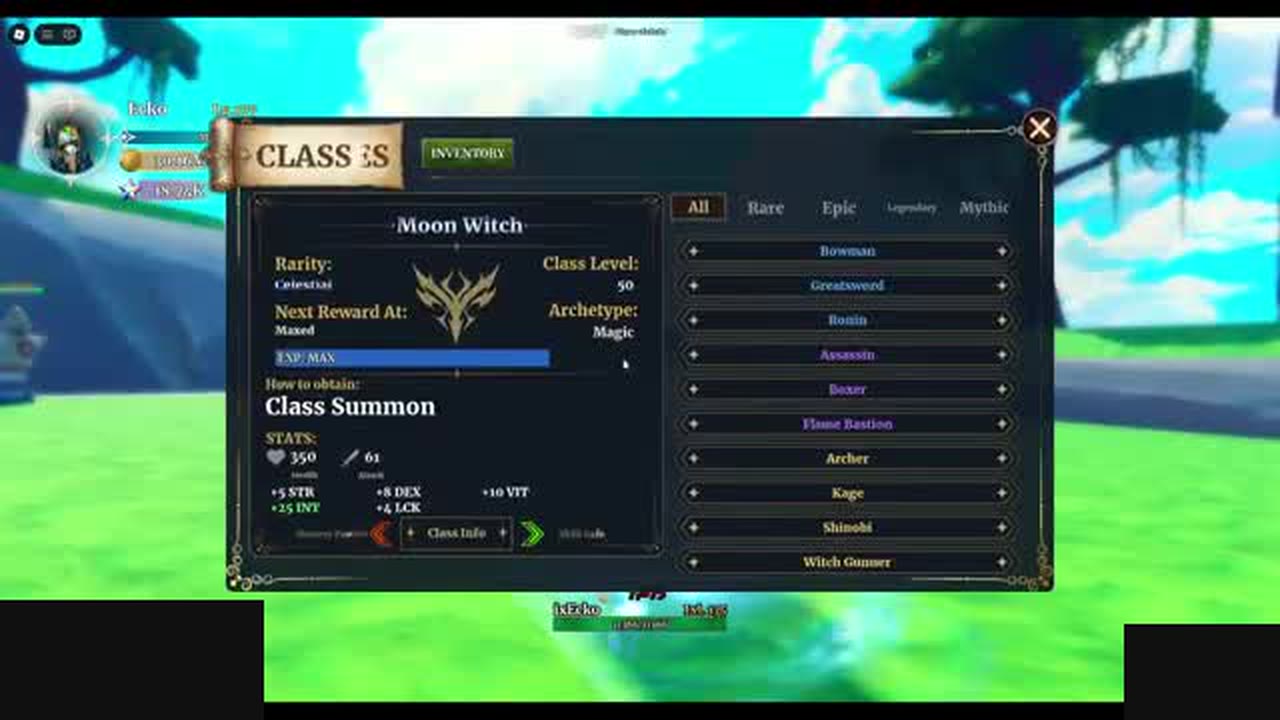 Dungeon Lootr Classes panel for Moon Witch showing Celestial rarity, Magic archetype, and how to obtain: Class Summon