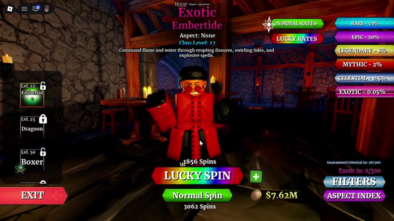 Dungeon Lootr Class Summon screen with Lucky Spin and Normal Spin buttons, the rarity rates column and the Celestial and Exotic pity counters