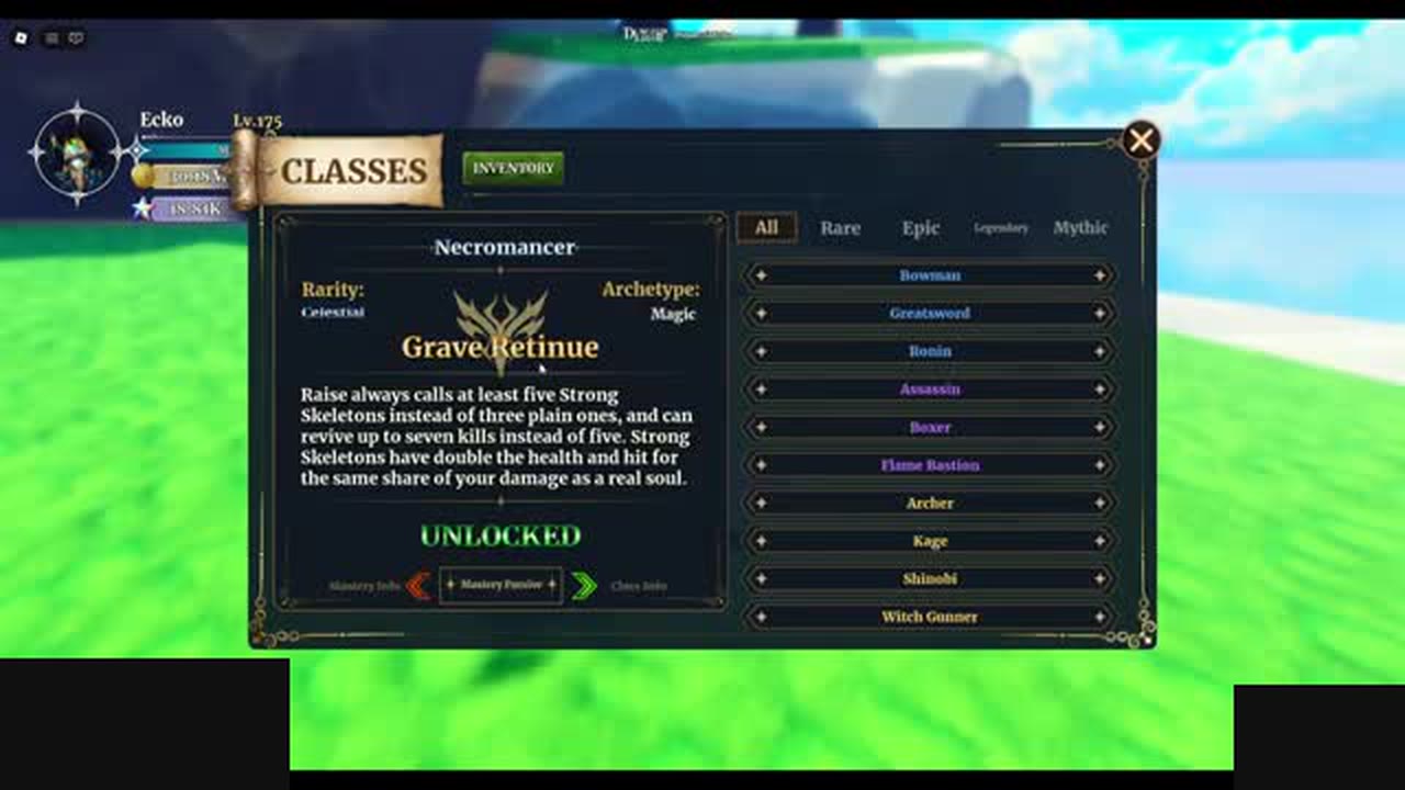 Dungeon Lootr Classes panel for Necromancer showing Celestial rarity, Magic archetype and the Grave Retinue mastery passive
