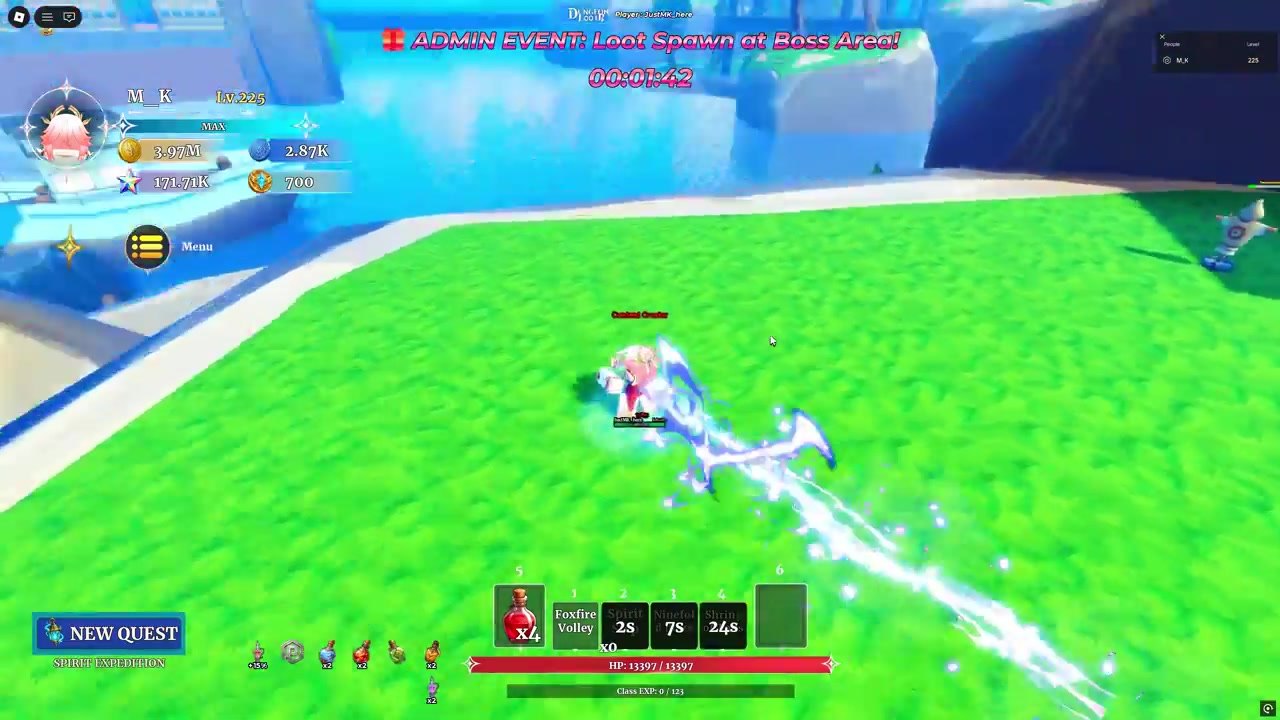 Shrine Fox using a dash skill in an open field, with the hotbar showing skill cooldowns