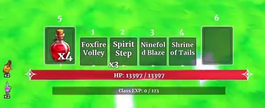 Shrine Fox hotbar with Foxfire Volley, Spirit Step showing x3 charges, Ninefold Blaze and Shrine of Tails