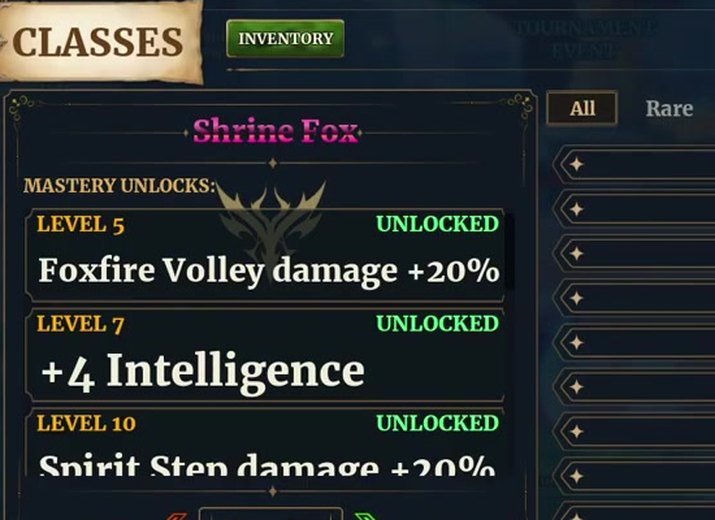 Shrine Fox Mastery Unlocks: level 5 Foxfire Volley damage +20%, level 7 +4 Intelligence, level 10 Spirit Step damage +20%