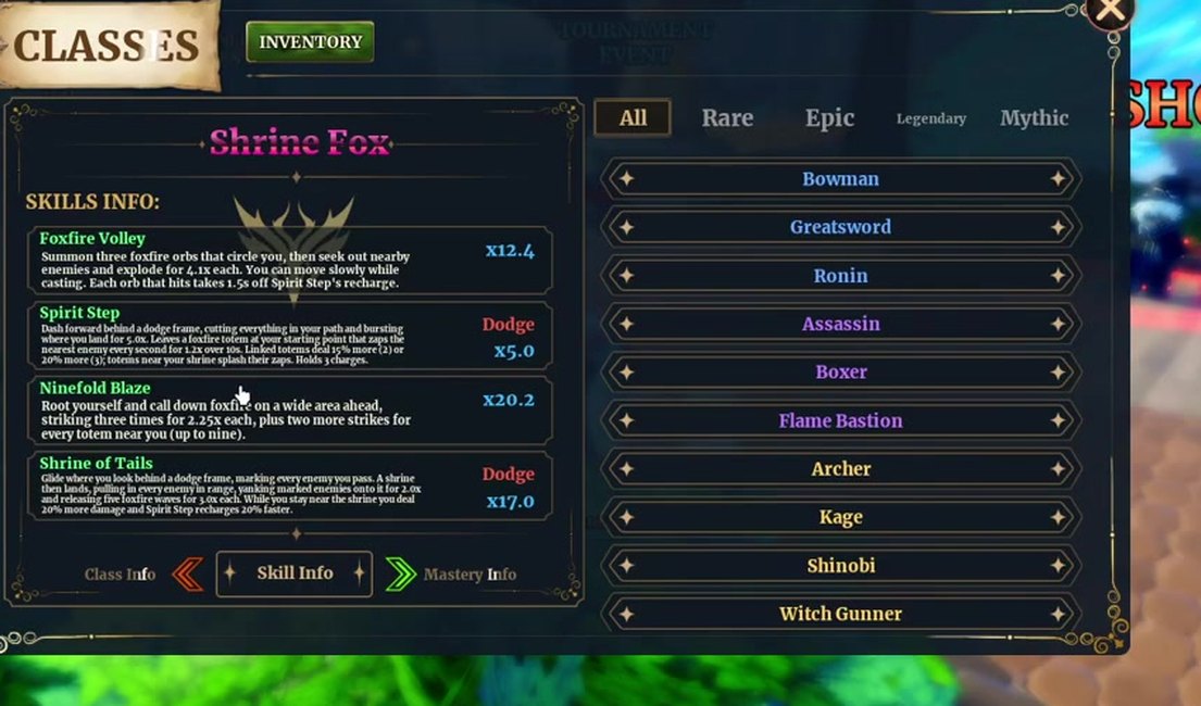 Shrine Fox Skill Info panel listing Foxfire Volley, Spirit Step, Ninefold Blaze and Shrine of Tails with their multipliers