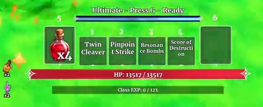 Sound Hashira hotbar with Twin Cleaver, Pinpoint Strike, Resonance Bombs and Score of Destruction under an Ultimate Press G Ready bar