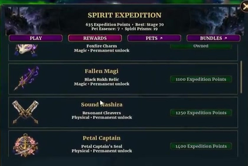 Rewards tab listing Fallen Magi Black Rukh Relic for 1100 Expedition Points, Sound Hashira for 1250 and Petal Captain for 1400