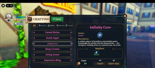 Forge crafting UI for Infinity Core requiring 50 fragments in Dungeon Lootr