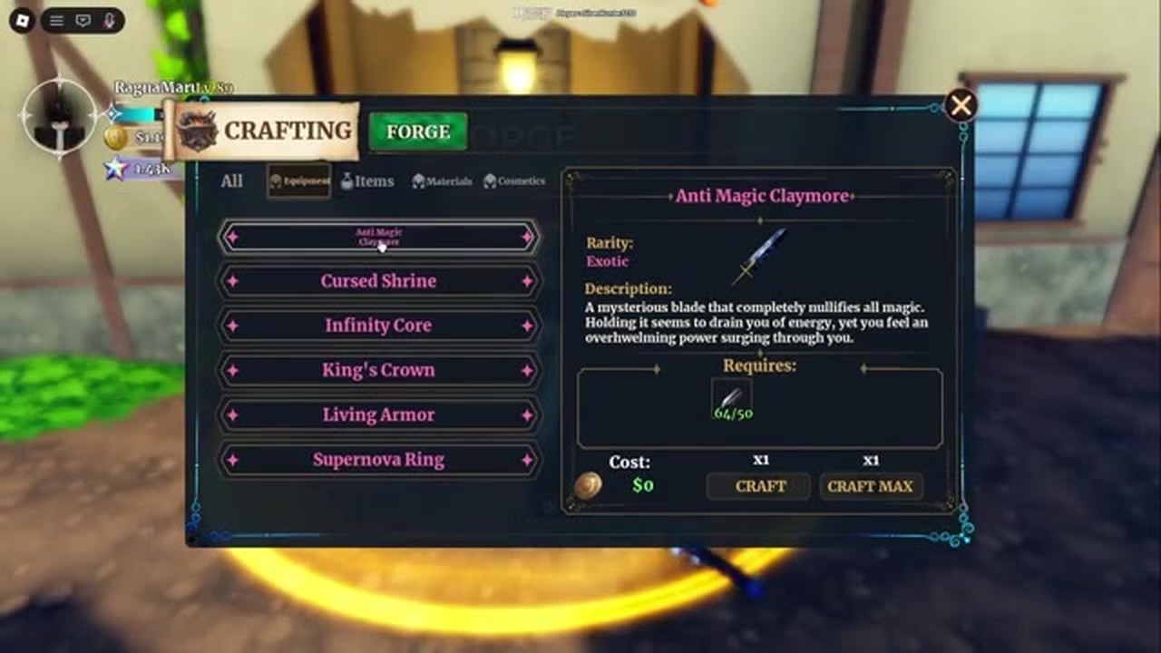 Forge craft panel Anti Magic Claymore requiring 50 fragments in Dungeon Lootr