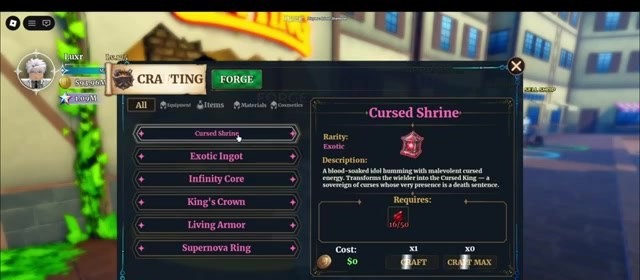 Forge crafting UI showing Cursed Shrine requiring 50 fragments