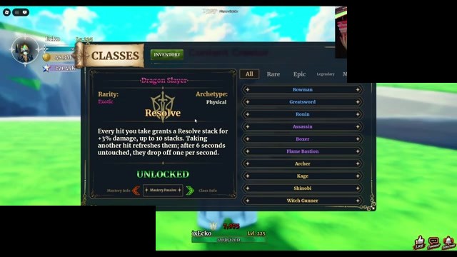 Classes menu Dragon Slayer Resolve passive Exotic Physical in Dungeon Lootr