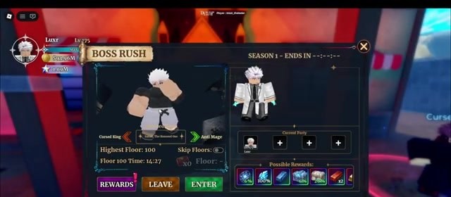 Boss Rush lobby with Satoru The Honored One selected