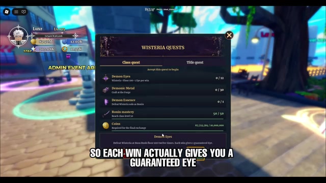 Wisteria Quests checklist showing Eyes 12, Metals 30, Ronin 50, and 10M coins in Dungeon Lootr
