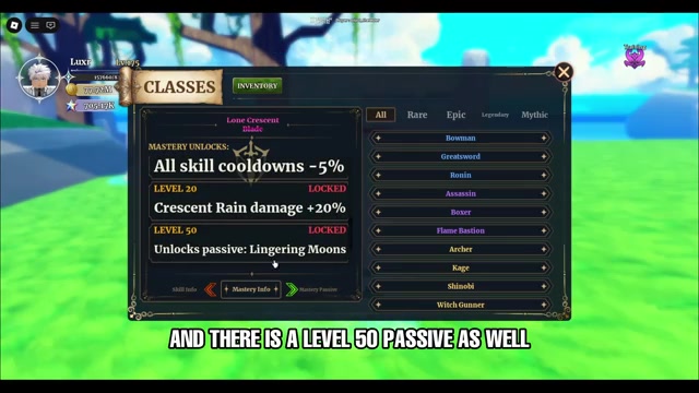 Lone Crescent Blade class UI after free unlock in Dungeon Lootr