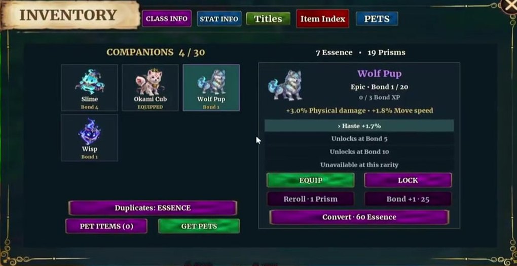 PETS tab with four pets, Wolf Pup selected: Epic, Bond 1 of 20, main bonus, substat rows and the EQUIP, LOCK, Reroll, Bond +1 and Convert buttons