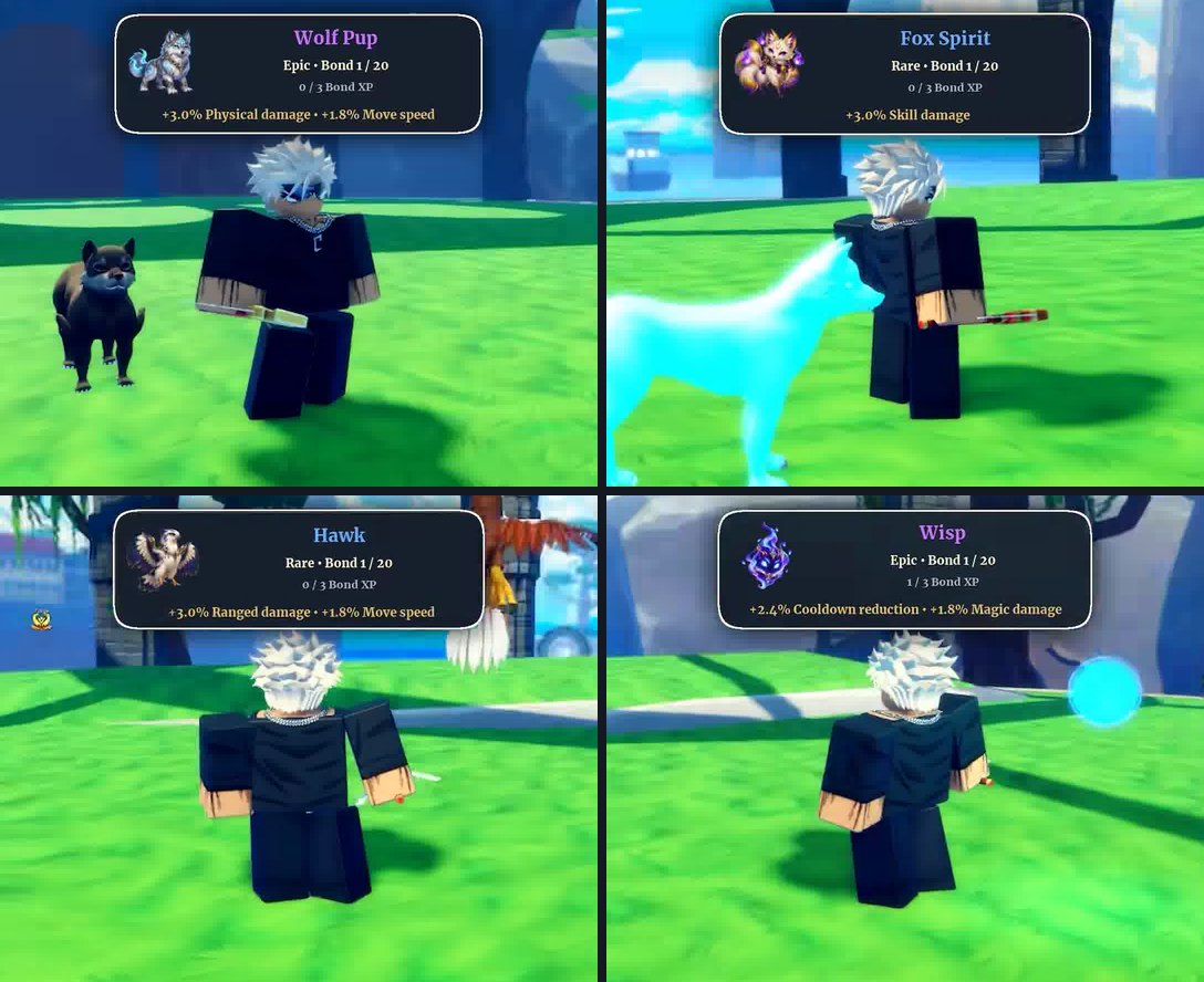 Four pet cards from the official TikTok: Wolf Pup Epic, Fox Spirit Rare, Hawk Rare and Wisp Epic, each at Bond 1 of 20 with the pet beside the player
