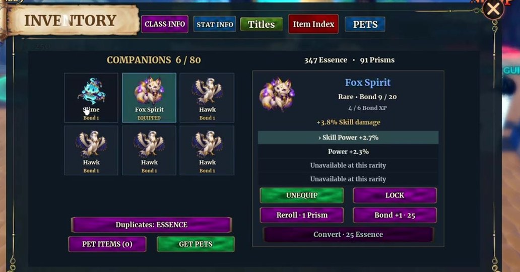 Fox Spirit Rare at Bond 9 with 4 of 6 Bond XP, +3.8% Skill damage and two open substats, next to Slime and four Hawks in a 6 of 80 pet list
