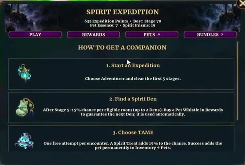 HOW TO GET A COMPANION help screen with three steps: start an Expedition, find a Spirit Den, choose TAME