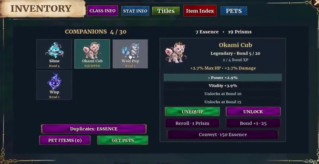 Okami Cub Legendary at Bond 5 of 20 with 2 of 4 Bond XP, +2.7% Max HP and +2.7% Damage, two open substats and rows that open at Bond 10 and 15