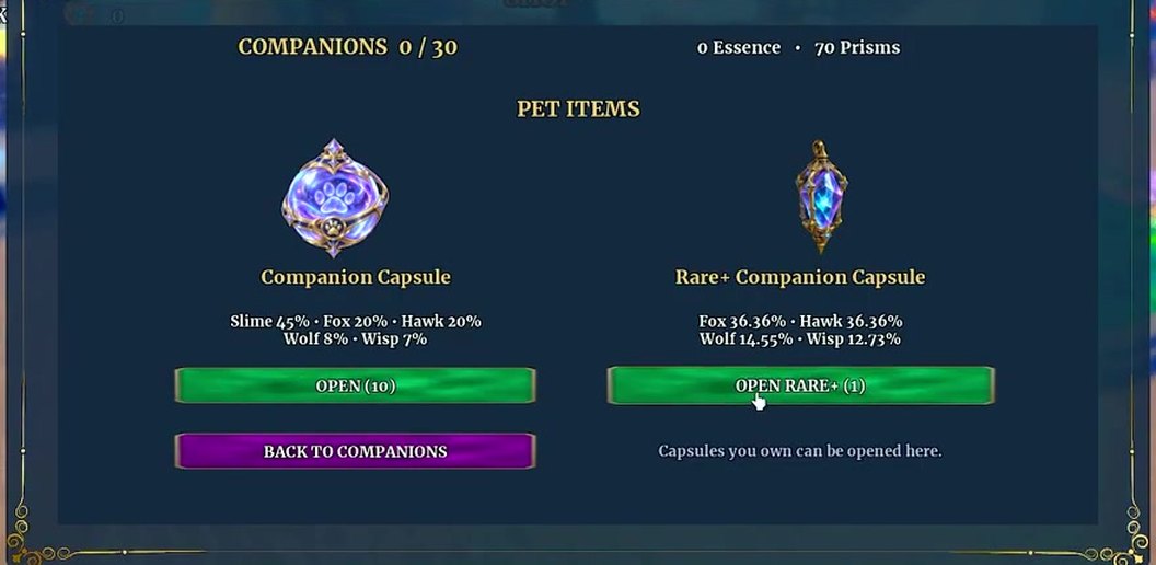 PET ITEMS screen with the Companion Capsule and Rare+ Companion Capsule, their pet odds and OPEN buttons