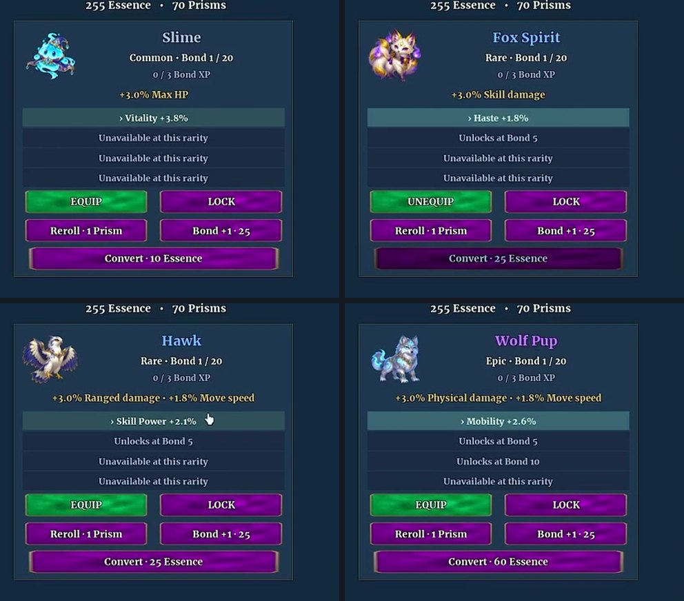 Pet panels for Slime Common, Fox Spirit Rare, Hawk Rare and Wolf Pup Epic at Bond 1, showing main bonus, substat rows and the Reroll, Bond and Convert buttons