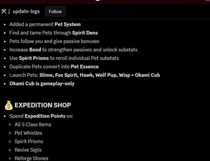 The developer's Update 3 log on Discord: a permanent Pet System, taming in Spirit Dens, Bond, Spirit Prism rerolls, Pet Essence from duplicates and the six launch pets