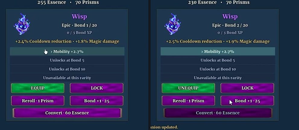 Wisp before and after one Bond +1 press: Bond 1 to Bond 2, Pet Essence 255 to 230, main bonus 2.4% to 2.5% Cooldown reduction