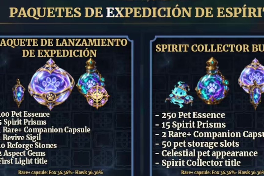 Expedition bundle panel in the Spanish client with Launch Bundle and Spirit Collector Bundle contents