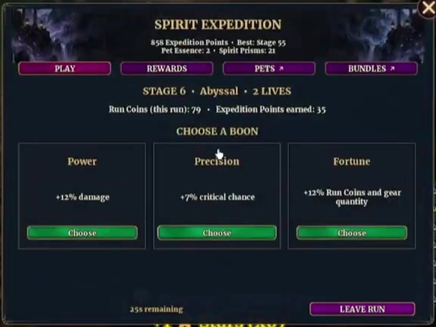 Choose a Boon screen at Stage 6 with Power, Precision and Fortune