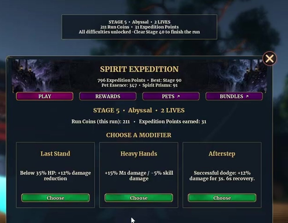 Choose a Modifier screen at Stage 5 with Last Stand, Heavy Hands and Afterstep