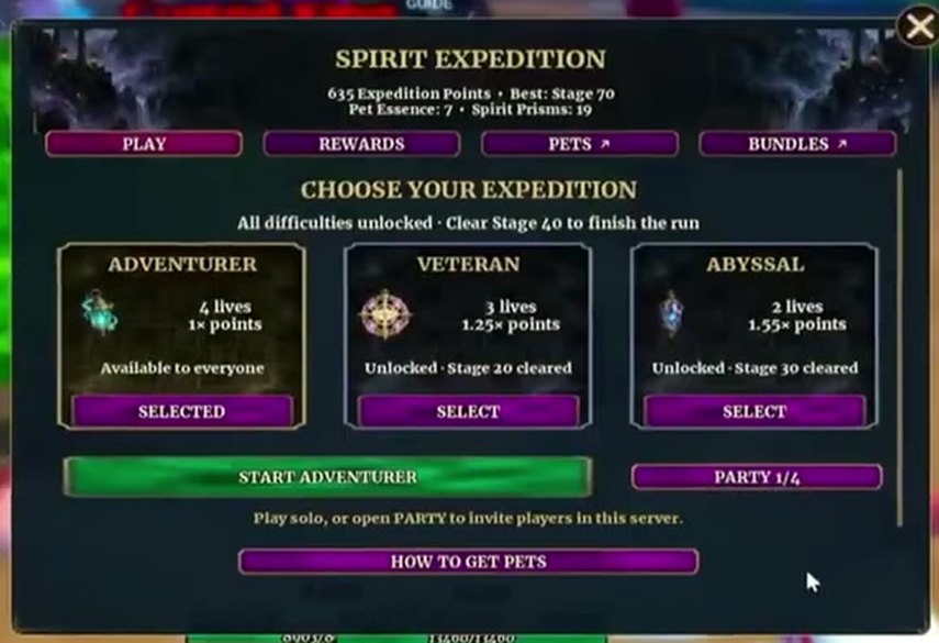 Choose Your Expedition screen: Adventurer 4 lives 1x points, Veteran 3 lives 1.25x, Abyssal 2 lives 1.55x