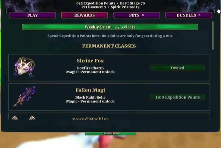 Rewards tab showing Weekly Prism 3/3 clears and the Shrine Fox and Fallen Magi class cards
