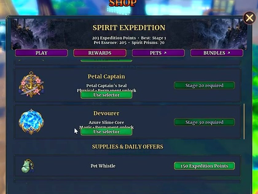 Rewards tab for a Best Stage 1 account: Petal Captain shows Stage 20 required and Devourer shows Stage 30 required