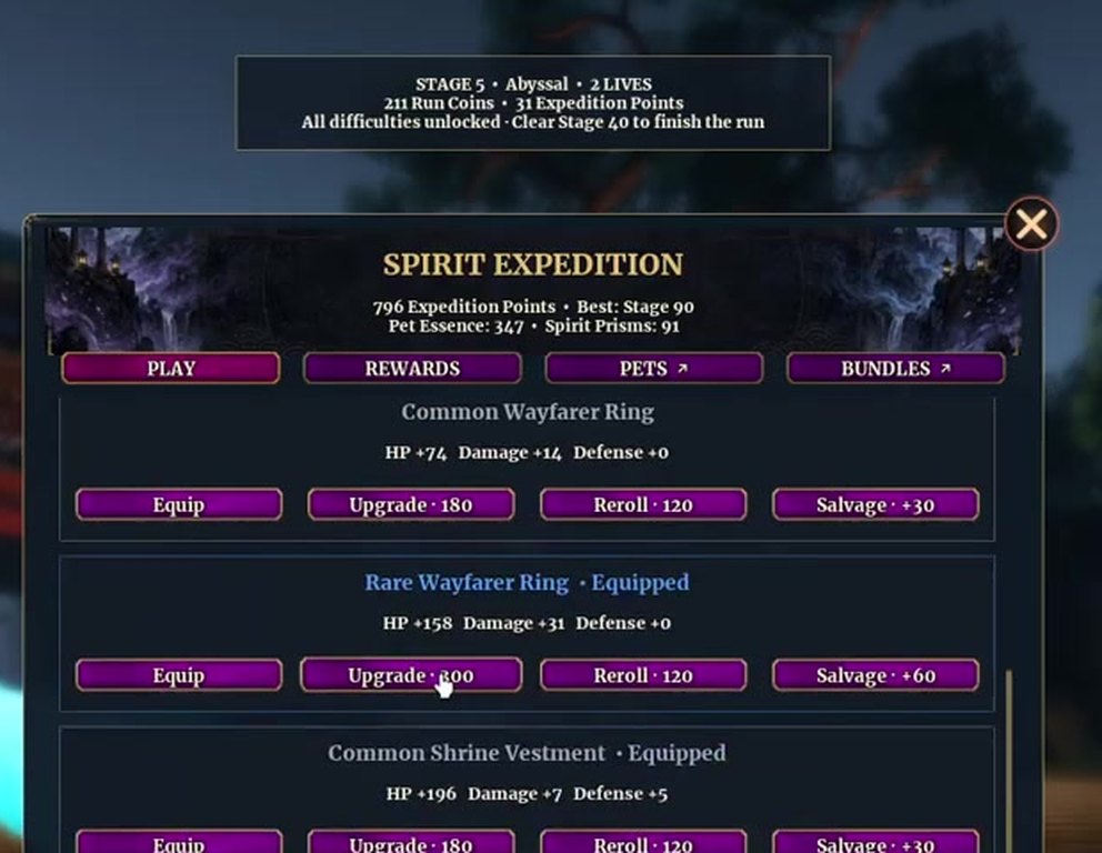Run gear list with Equip, Upgrade, Reroll and Salvage buttons for a Common and a Rare Wayfarer Ring