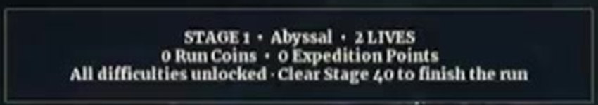 Expedition run banner reading Stage 1, Abyssal, 2 lives, 0 Run Coins, 0 Expedition Points