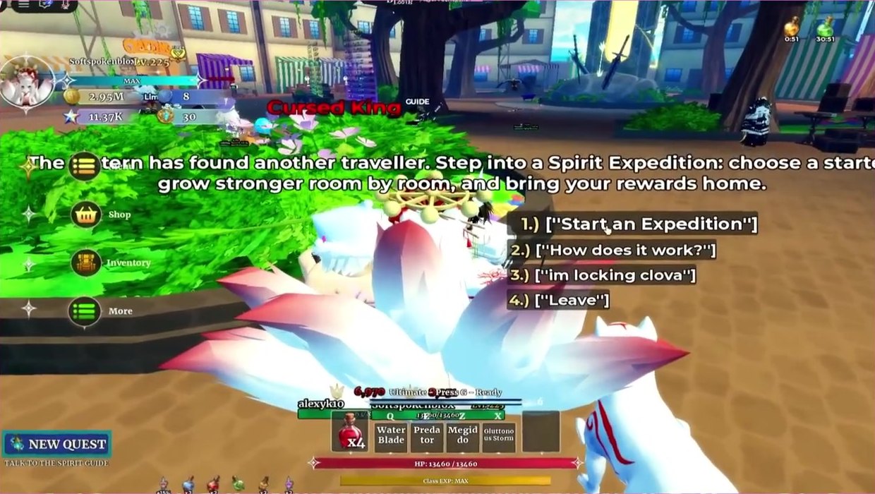 Spirit Guide dialogue in Dungeon Lootr with the options Start an Expedition, How does it work? and Leave