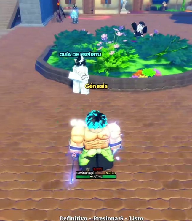 The Spirit Guide NPC next to the lobby flowerbed, name tag shown in the Spanish client