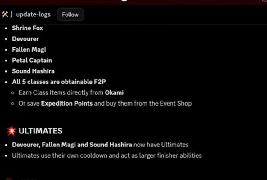 Official Update 3 log listing the five new classes, both ways to get them, and that Devourer, Fallen Magi and Sound Hashira have Ultimates