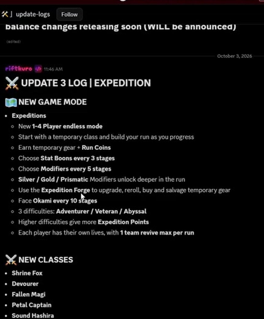 Official Update 3 log on Discord listing the Expedition mode rules: 1-4 players, boons every 3 stages, modifiers every 5, Okami every 10 stages, three difficulties